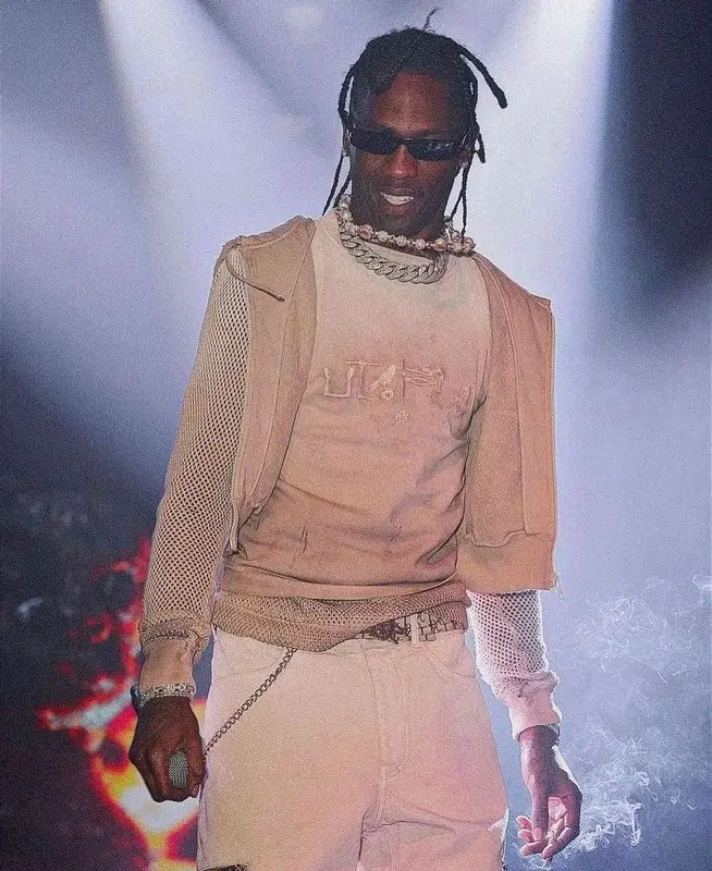 Travis Scott outfit in Givenchy, Rick Owens, and Travis Scott Merch, 2023