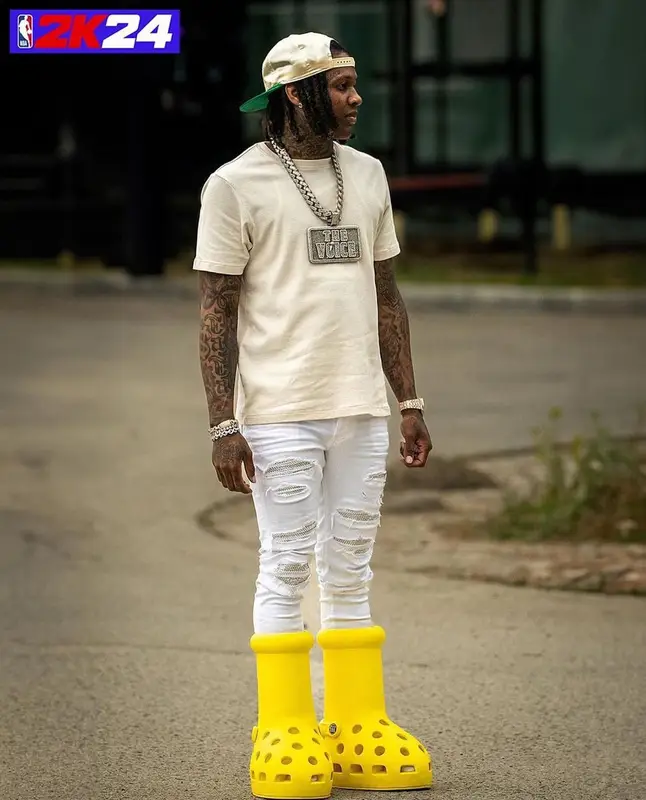Lil Durk outfit in Crocs and MSCHF, 2023