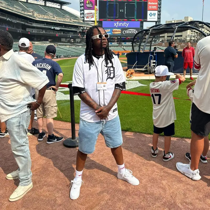 Babyface Ray outfit in Nike, Palm Angels, and Detroit Tigers, 2023
