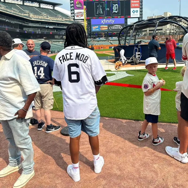 Babyface Ray outfit in Nike, Palm Angels, and Detroit Tigers, 2023