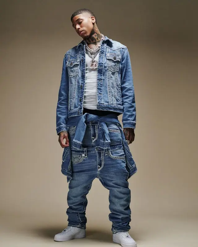 NLE Choppa outfit in True Religion and Nike, 2023