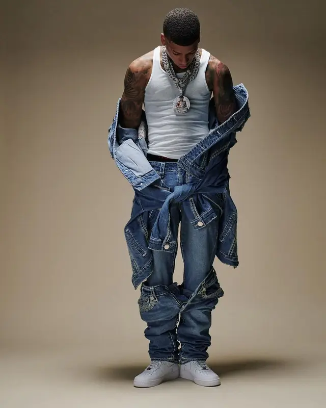NLE Choppa outfit in True Religion and Nike, 2023
