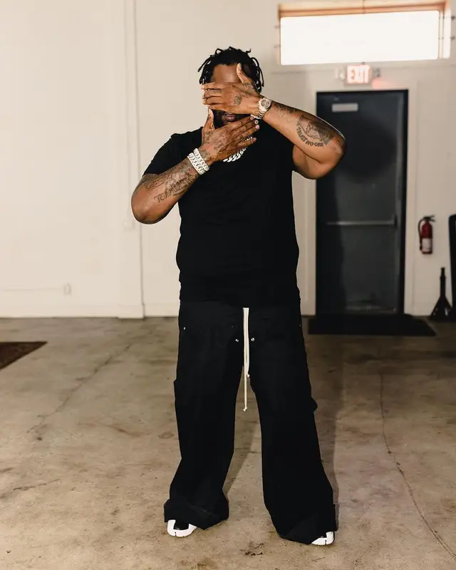 Peezy outfit in Rick Owens, Jordan, and Goyard, 2023