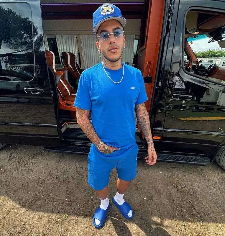 Sfera Ebbasta outfit in Cartier, New Era, and Marino Infantry, 2023