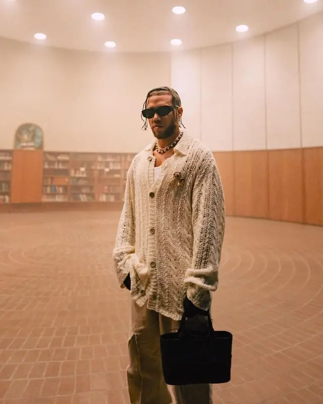 Jhay Cortez outfit in Our Legacy, Bottega Veneta, and Prada, 2023