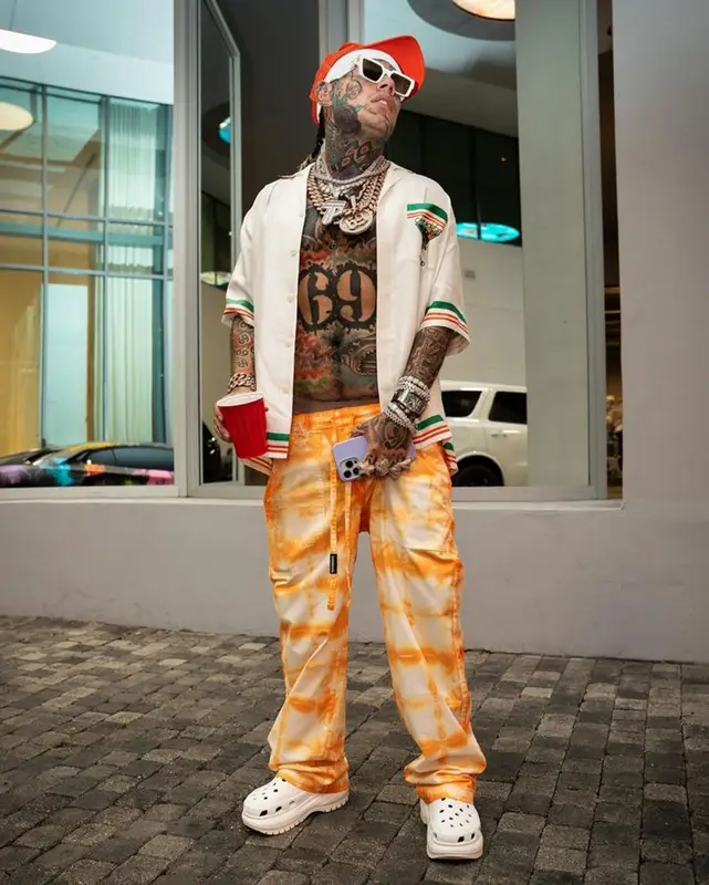 6ix9ine outfit in Casablanca, Louis Vuitton, and Crocs, 2023