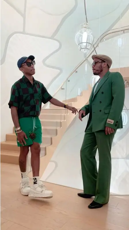 Pharrell Williams outfit in Noah, Louis Vuitton, and Human Made, 2023