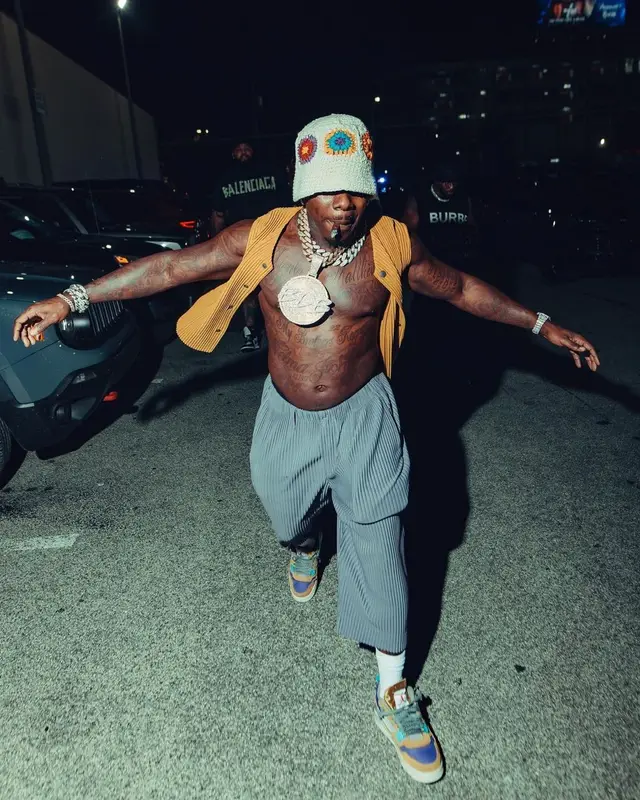DaBaby outfit in Issey Miyake, Jordan, and Union Los Angeles, 2023