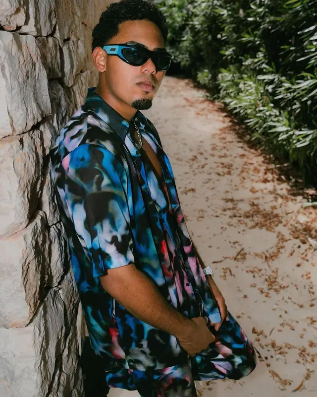 Myke Towers outfit in Dries Van Noten and Bottega Veneta, 2023