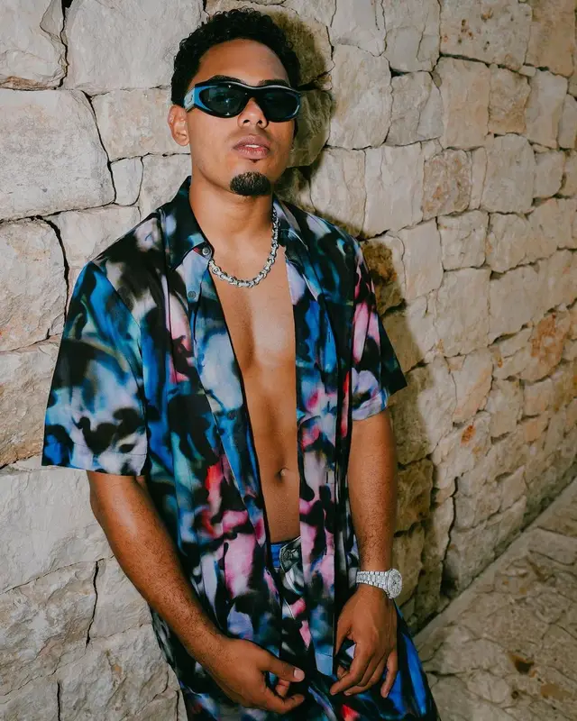 Myke Towers outfit in Dries Van Noten and Bottega Veneta, 2023