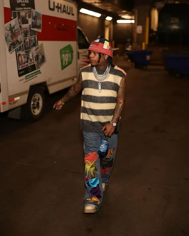 Rylo Rodriguez outfit in Off-White, Marni, and No Vacancy Inn, 2023