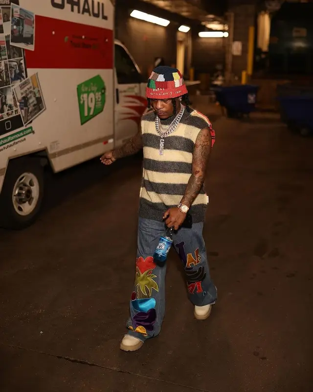 Rylo Rodriguez outfit in Off-White, Marni, and No Vacancy Inn, 2023