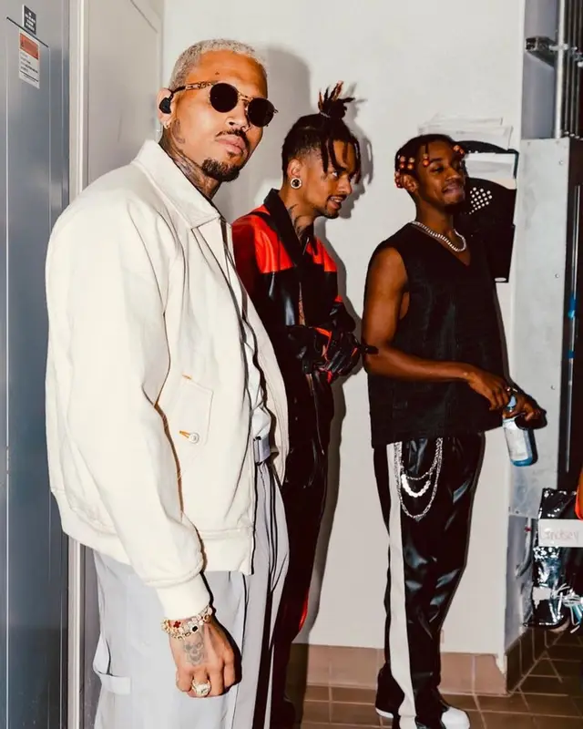 Chris Brown outfit in Dior, Vintage, and Denim Tears, 2023