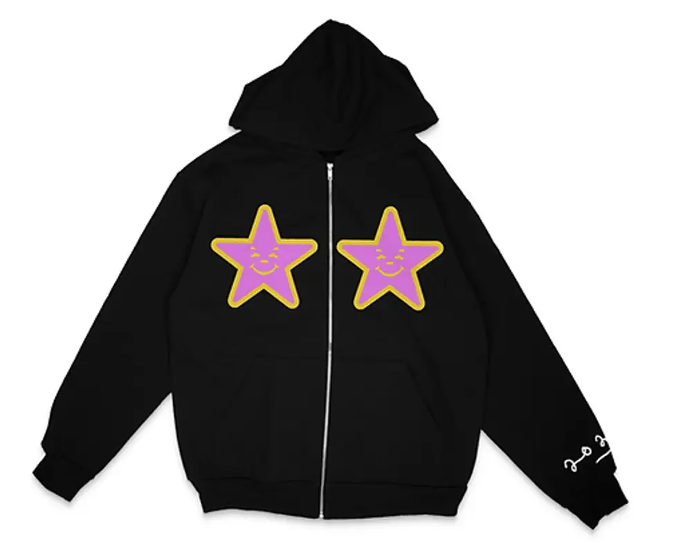 Asspizza Black Puff Print Pink And Yellow Star Zip Up Hoodie