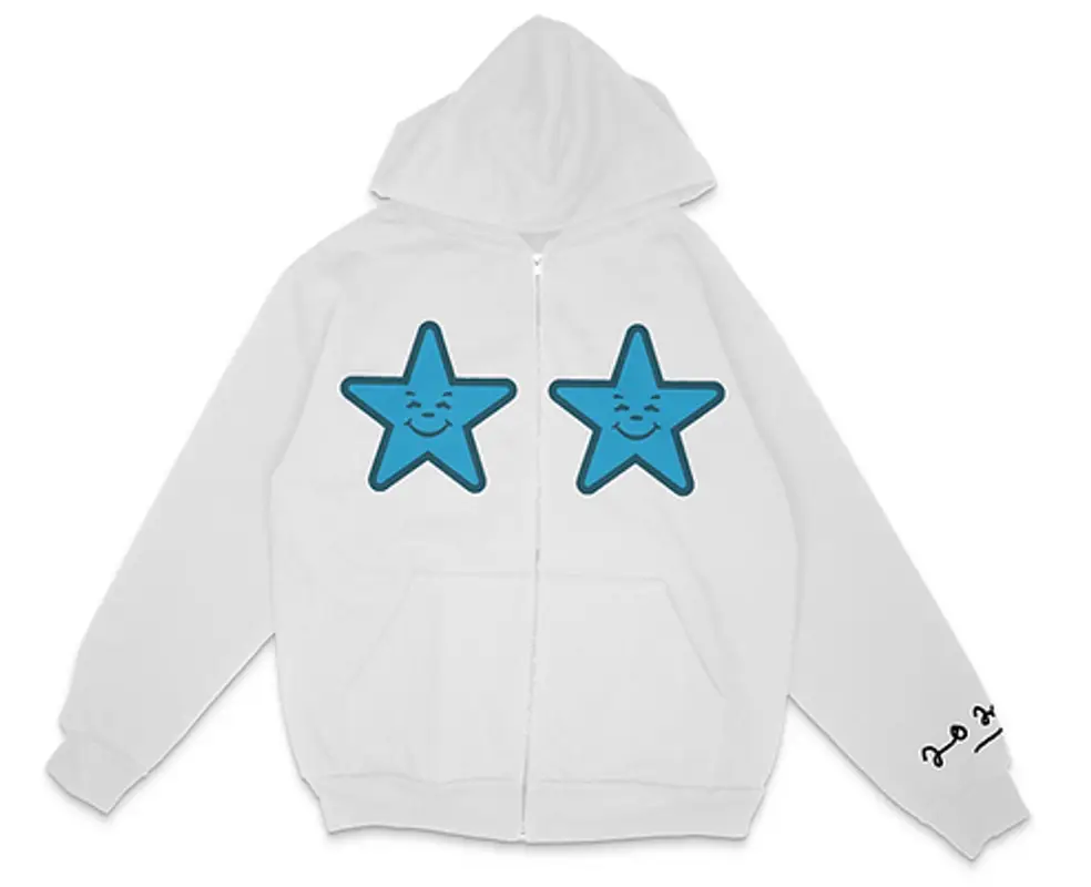 Asspizza  White Puff Print Blue Star Zip Up Hoodie $160