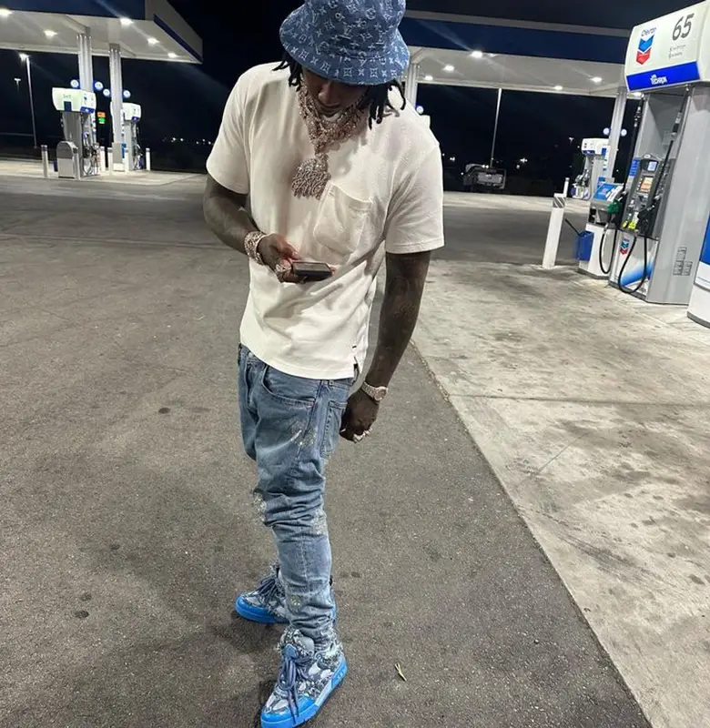 Moneybagg Yo outfit in Denim Tears and Louis Vuitton, 2023