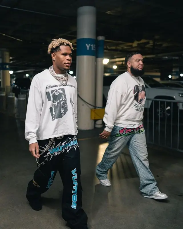 Devin Haney outfit in Louis Vuitton, Nike, and Chrome Hearts, 2023