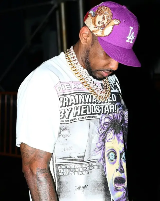 Fabolous outfit in Hellstar, Saucony, and Jon Stan, 2023