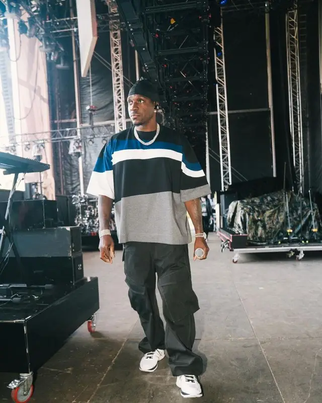 Pusha T outfit in Dries Van Noten, Dion Lee, and Adidas, 2023