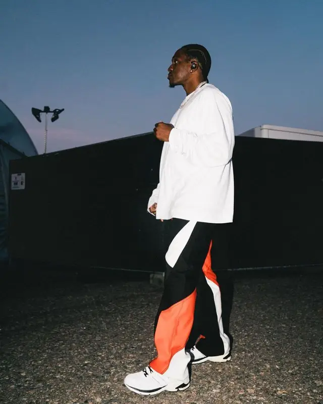 Pusha T outfit in Dries Van Noten, Dion Lee, and Adidas, 2023
