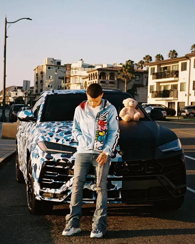 Lil Mosey outfit in Royal Surge and Amiri, 2023