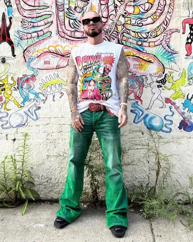 J Balvin outfit in Artmeetschaos, Rick Owens, and B.B. Simon, 2023
