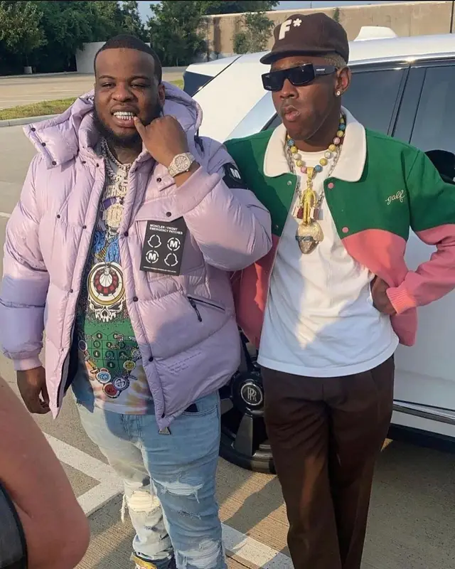 Maxo Kream outfit in Moncler, Warren Lotas, and Fragment Design, 2023