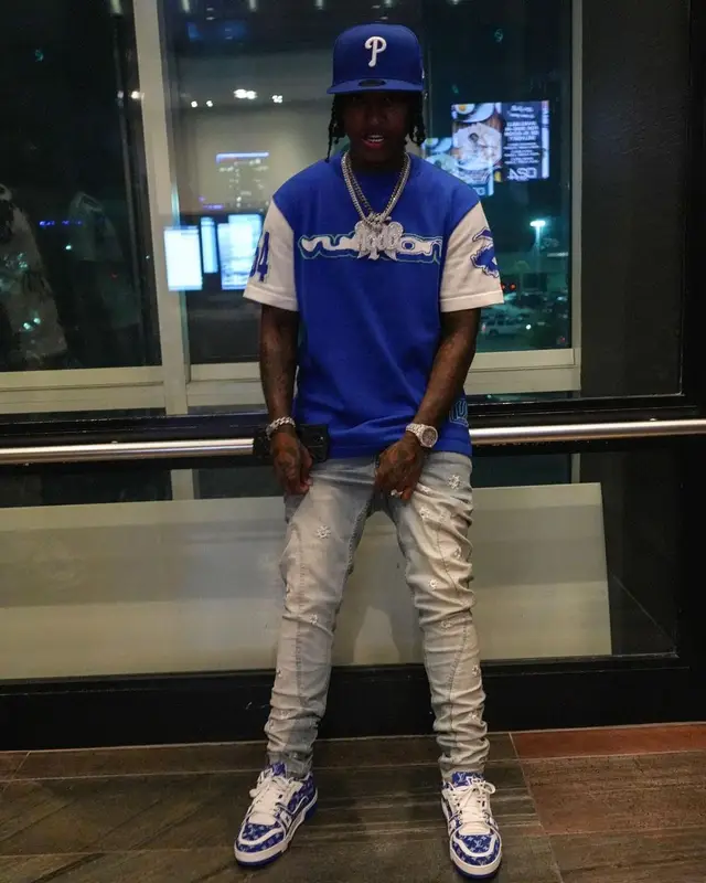 Lil Perfect outfit in Louis Vuitton, Serenede, and New Era, 2023
