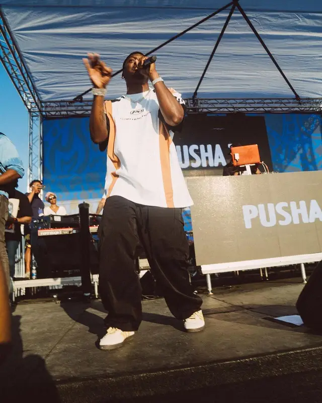 Pusha T outfit in Martine Rose, Junya Watanabe, and Adidas, 2023