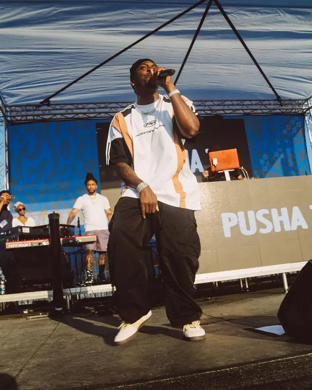 Pusha T outfit in Martine Rose, Junya Watanabe, and Adidas, 2023