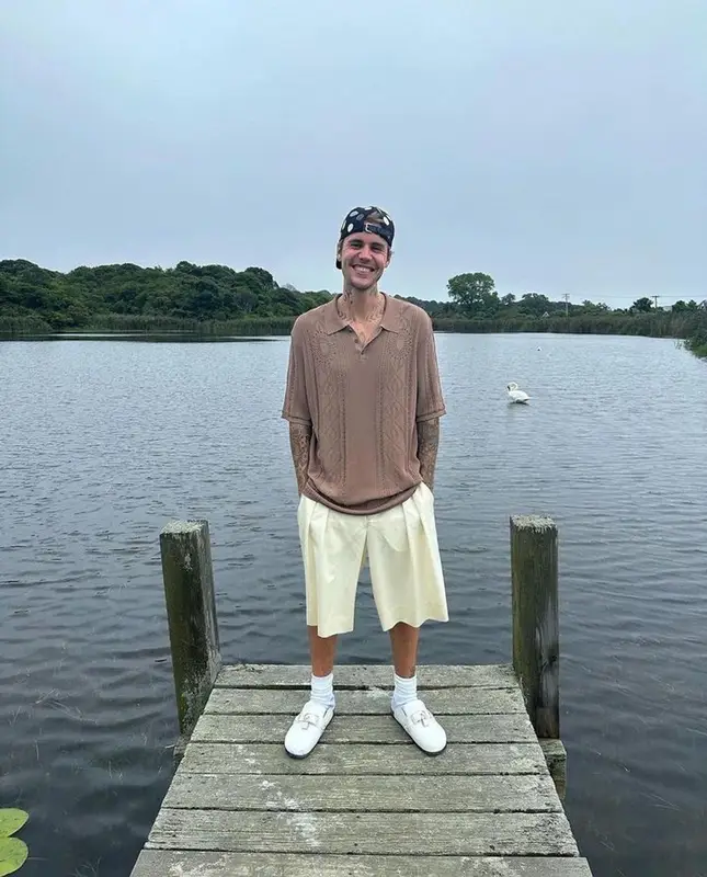 Justin Bieber outfit in Marine Serre, Louis Vuitton, and JW Anderson, 2023