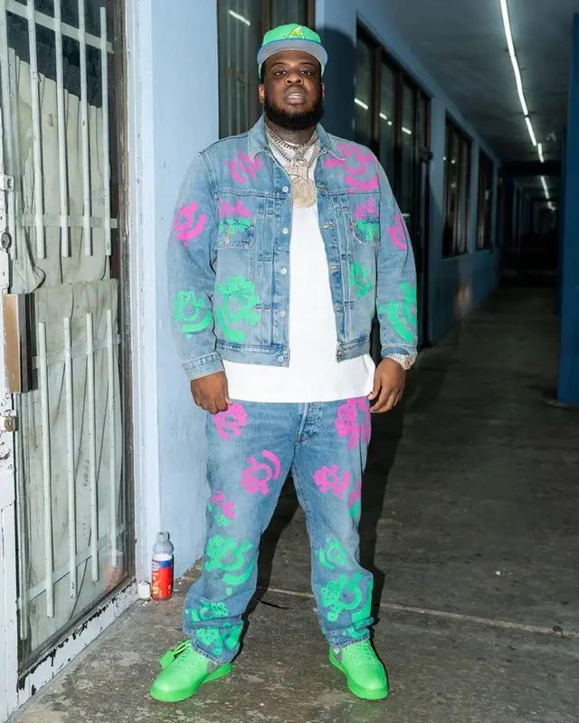 Maxo Kream outfit in Denim Tears, New Era, and Bstroy, 2023