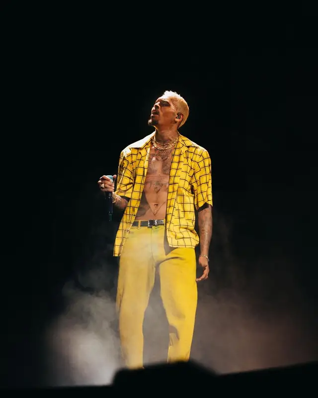 Chris Brown outfit in Marni, Martine Rose, and Saint Laurent, 2023