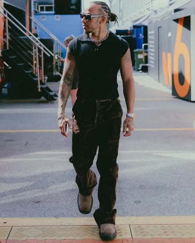 Lewis Hamilton outfit in Loewe, Ferragamo, and Jacques Marie Mage, 2023