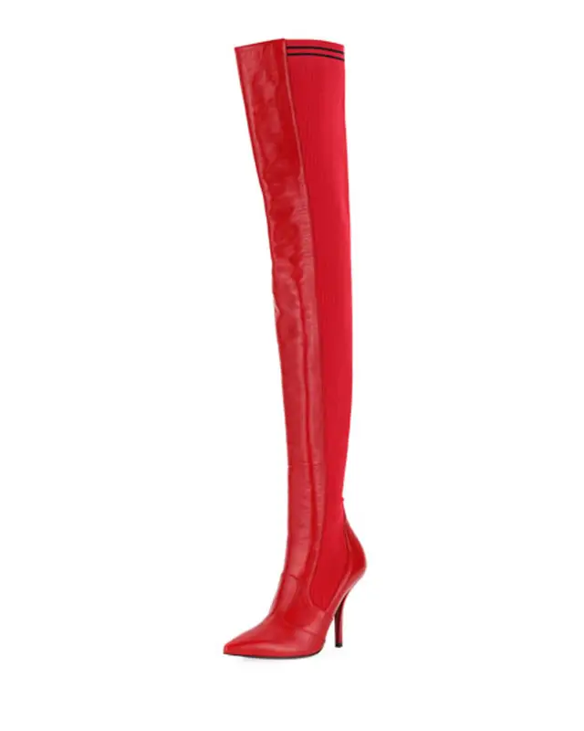 Fendi Red Rockoko Leather And Ribbed Stretch-knit Thigh Boots $1350