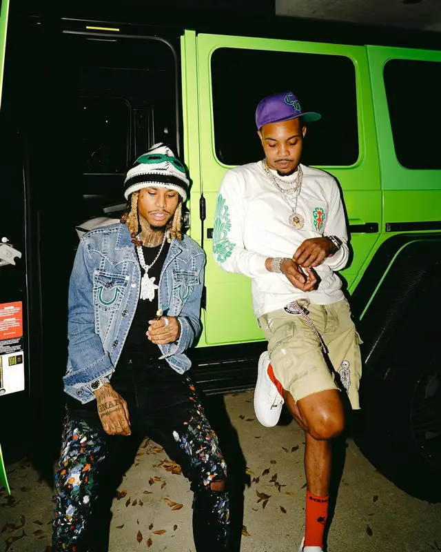 Lil Gnar outfit in True Religion, Amiri, and Marni, 2023