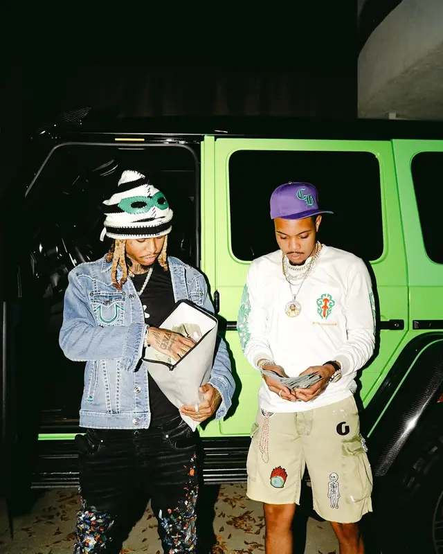 Lil Gnar outfit in True Religion, Amiri, and Marni, 2023