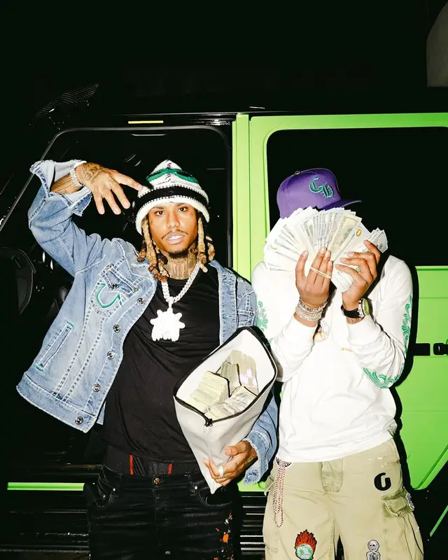 Lil Gnar outfit in True Religion, Amiri, and Marni, 2023