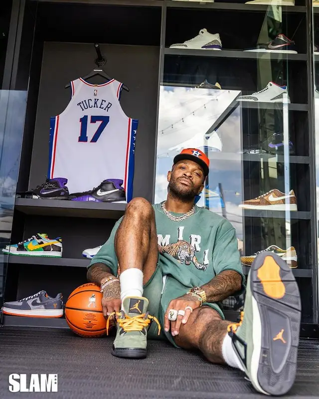 PJ Tucker outfit in Amiri, Jordan, and New Era, 2023