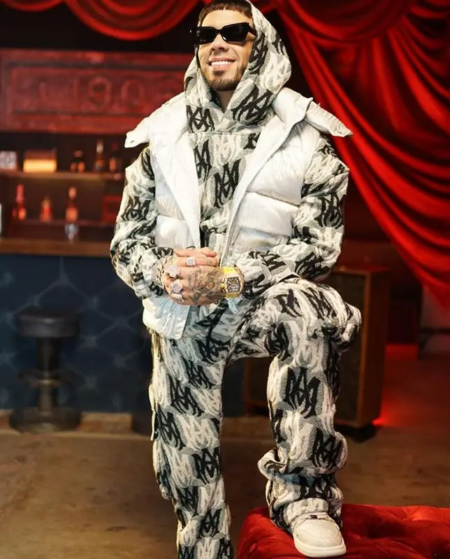 Anuel AA outfit in Amiri, Hawkers, and Anuel AA Merch, 2023