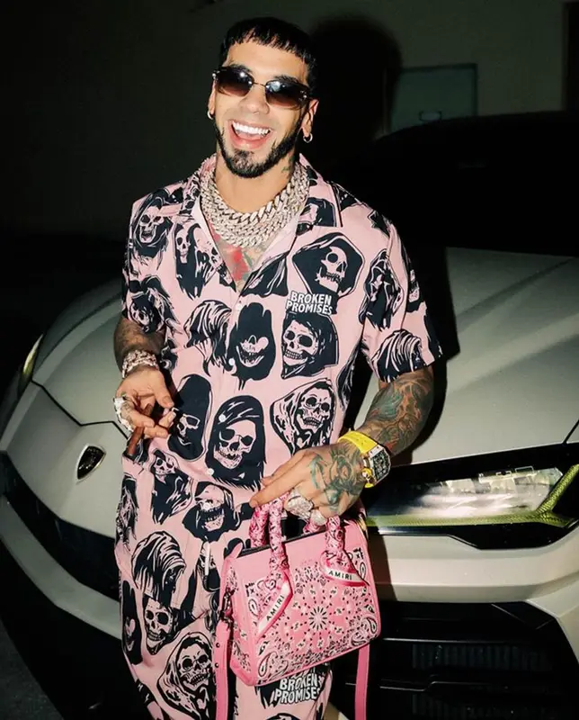Anuel AA outfit in Broken Promises, Richard Mille, and Cartier, 2023