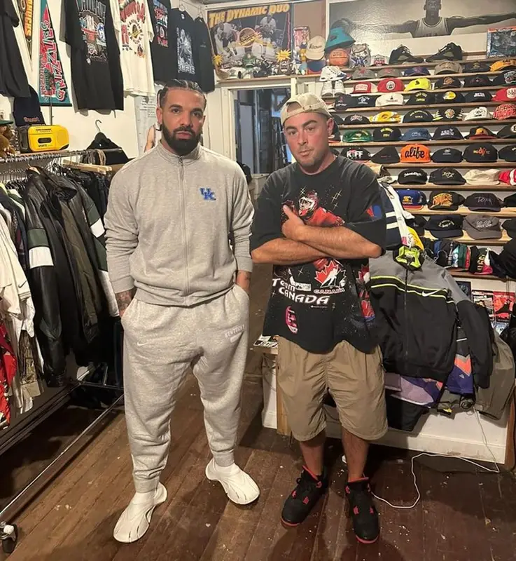 Drake outfit in Kentucky Wildcats, Nike, and Balenciaga, 2023