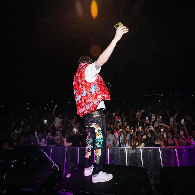 Murda Beatz outfit in Kapital, Evisu, and Oakley, 2023