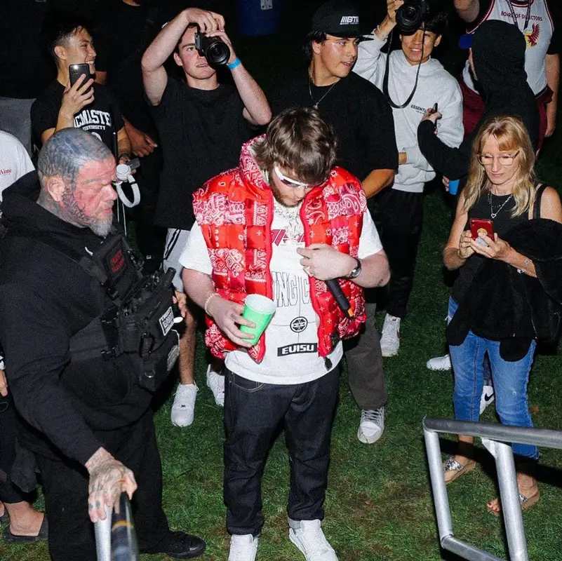Murda Beatz outfit in Kapital, Evisu, and Oakley, 2023