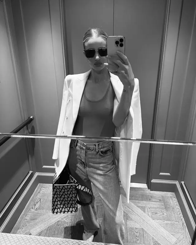 Rosie Huntington-Whiteley outfit in Wardrobe.NYC, Valentino, and Chanel, 2023