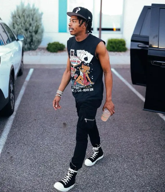 Lil Baby outfit in Rick Owens, Champion, and New Era, 2023