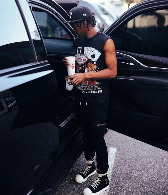 Lil Baby outfit in Rick Owens, Champion, and New Era, 2023