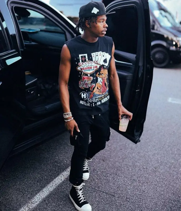 Lil Baby outfit in Rick Owens, Champion, and New Era, 2023