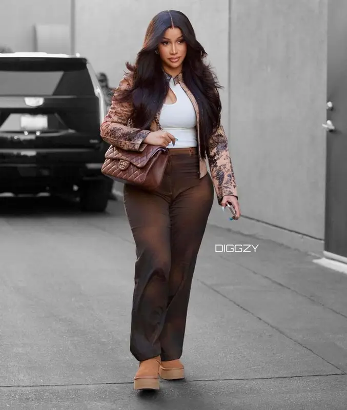 Cardi B outfit in Acne Studios, Ugg, and Chanel, 2023