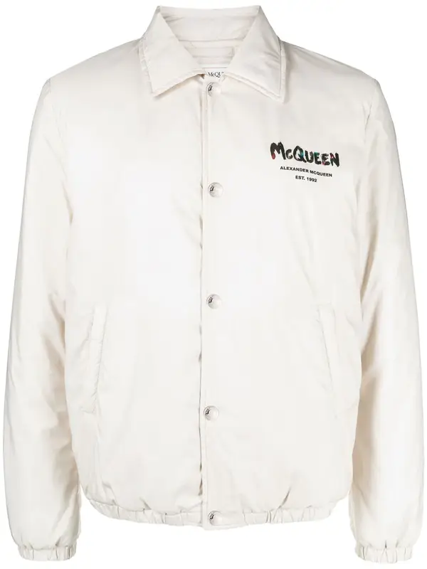 Alexander McQueen White Logo-Print Bomber Jacket $1590